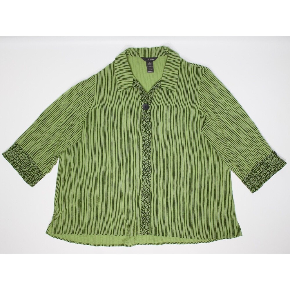 Ali Miles Plus Size 1X 80s 90s Style Green Stripe Button Blouse Top Artsy Whimsy